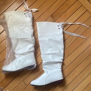 Elegant Winter White Knee-High Boots with Ribbon